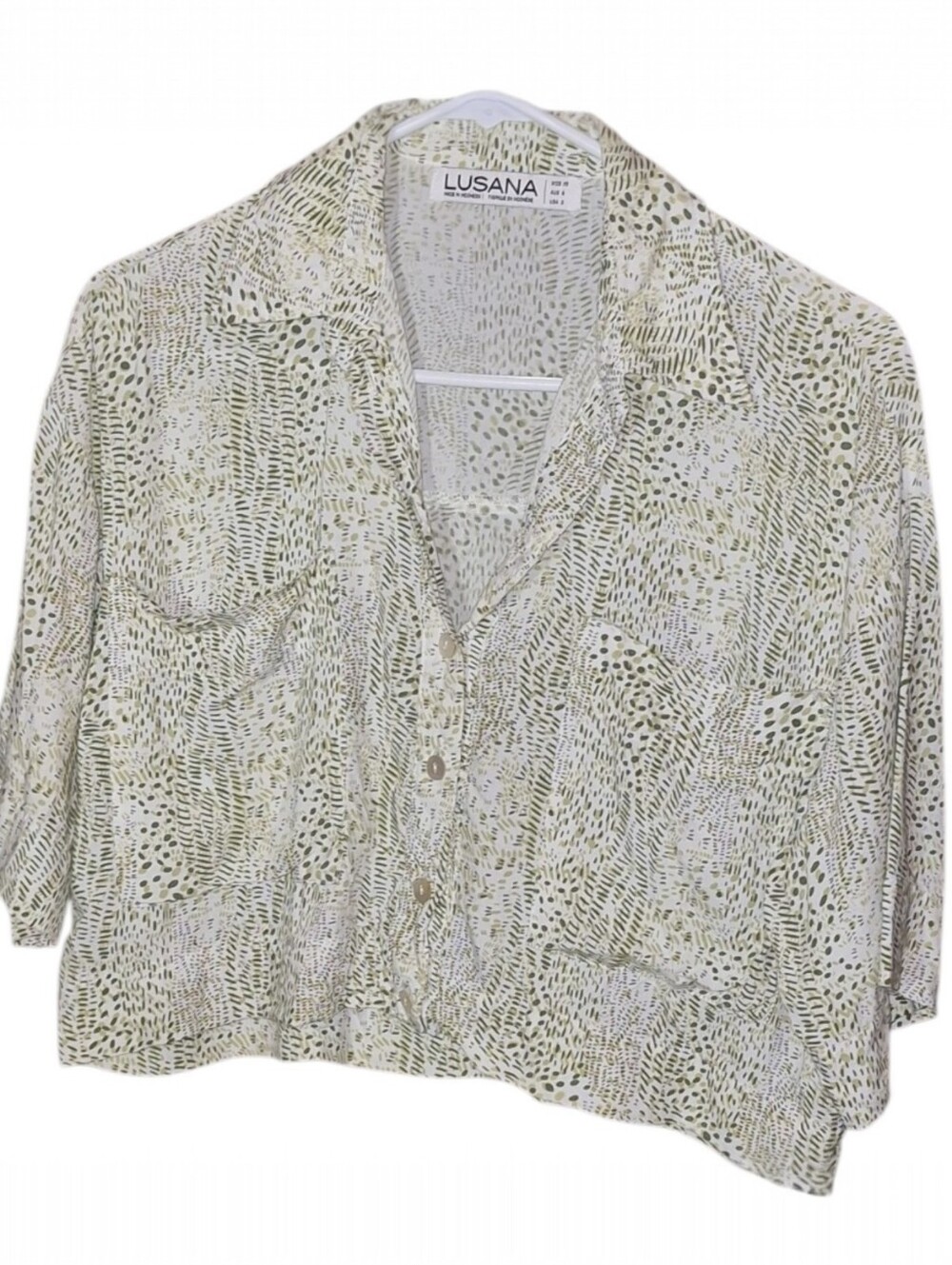 Lusana Olive Green Abstract Dash Print Cropped Resort Shirt Button Up Size XS